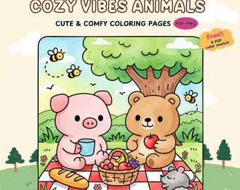Cozy Animal Coloring Pages: Kawaii Bear, Bunny, Cat & Pig (PDF + PNG)