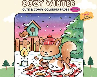 Cozy Winter Animals Coloring Book | Super Cute Woodland Friends in Snuggly Snow Scenes | PDF + PNG | Digital Download