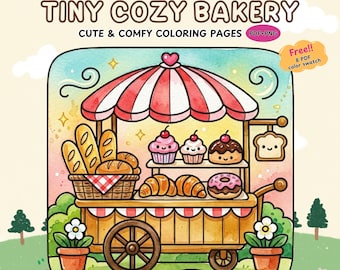 May include: A digital coloring book cover titled TINY COZY BAKERY featuring a wooden bakery cart with a red and white striped awning. The cart displays bread, cupcakes, and pastries. Text includes @INFINITYCOLORING, PDF+PNG, and Free!! 8 PDF color swatch.