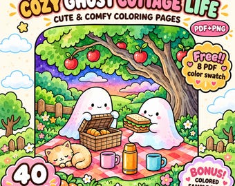 Cozy Ghost Cottage Life Coloring Book, 40 Cute Ghost Cottagecore Coloring Pages, Printable PDF PNG
