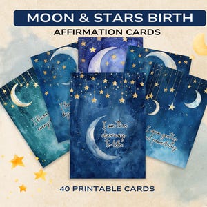 Calma Celestial – Cartões de Afirmação de Nascimento com Lua e Estrelas para Imprimir