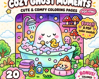 May include: A digital coloring page titled Cozy Ghost Moments featuring a white ghost in a bubble bath with a yellow rubber duck, a small dog in a pink floatie, mushrooms, and bottles with skull icons. Includes 20 pages and bonus samples.