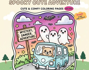Spooky Cute Adventure Coloring Book | Whimsical Ghosts & Magic Creatures on Halloween Journeys | Kawaii Halloween PDF | Digital Download