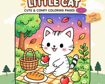 May include: A digital coloring page featuring a white cat with gray stripes sitting on a yellow checkered picnic blanket. The scene includes a brown basket, a loaf of bread, two red apples, and a green pear. Text reads LITTLE CAT, CUTE & COMFY COLORING PAGES, PDF+PNG, Free!! 8 PDF color swatch, and 30 PAGES.