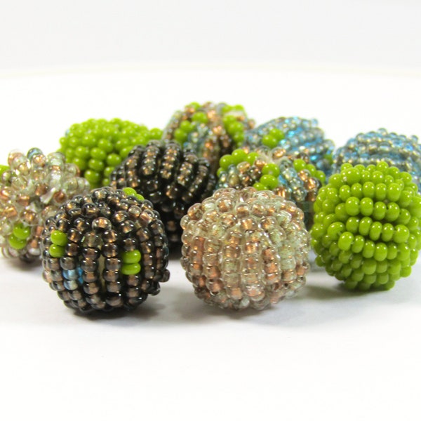 Beaded Beads - 10 Fairtrade Jabulani Handmade Beaded Beads 'Forest Fern' Greens Mixed Pack 14mm  (013)