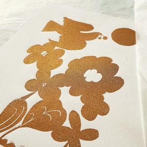 Original bird lino print, Bird and Sun illustration, Block Print, Floral Motif, Gift For Gardener, Original Handcarved Linoprint in Gold
