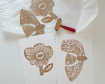 Linoprints de pájaros y flores de ORO, conjunto de 2 linograbados, impresión en bloque, motivo floral, decoración moderna Scandi hecha a mano, linoprint original tallado a mano