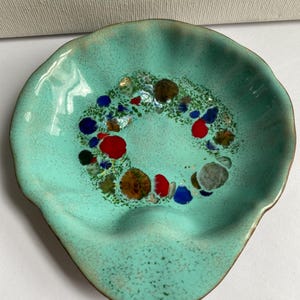 Mid-Century Enamel Trinket Dish: Aqua & Red Shell Tray