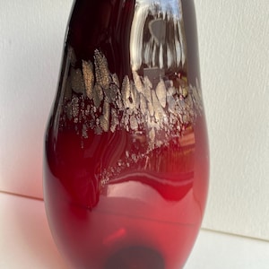 Hand Blown Studio Art Glass Vase by Molly Barnes, Red and Gold Vase 7.75 inches Tall