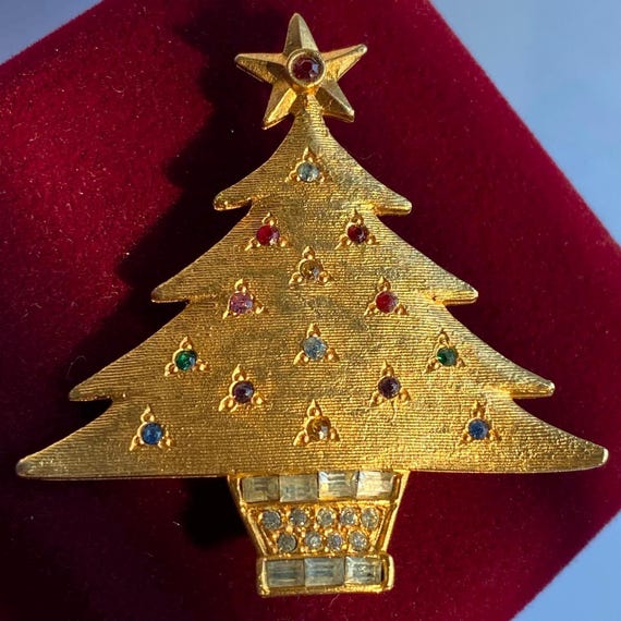 MidCentury Brushed Gold Tone Christmas Tree Brooch by DeNicola