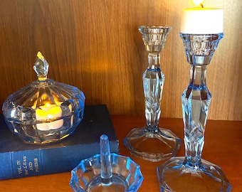 Art Deco Blue Pressed Glass Vanity or Trinket Set, 5 PIECES