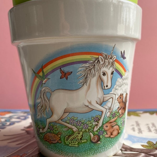 Vintage 80s small Unicorn Rainbow tiny animals Planter Pot