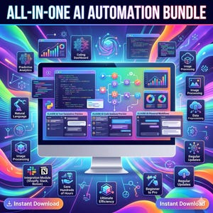 Op de afbeelding: Een computermonitor met een All-in-One AI Automation Bundle met diverse software-interfacevensters, codefragmenten en gegevensgrafieken. Het scherm is omringd door talloze iconen en labels tegen een kleurrijke, wervelende achtergrond.