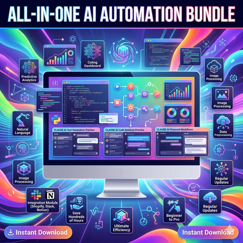 Op de afbeelding: Een computermonitor met een All-in-One AI Automation Bundle met diverse software-interfacevensters, codefragmenten en gegevensgrafieken. Het scherm is omringd door talloze iconen en labels tegen een kleurrijke, wervelende achtergrond.