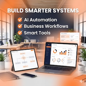 Op de afbeelding: Een laptop en tablet met datadashboards en stroomdiagrammen, met de tekst BUILD SMARTER SYSTEMS, AI Automation, Business Workflows en Smart Tools. Een smartphone, notitieboek en mok staan op het bureau.