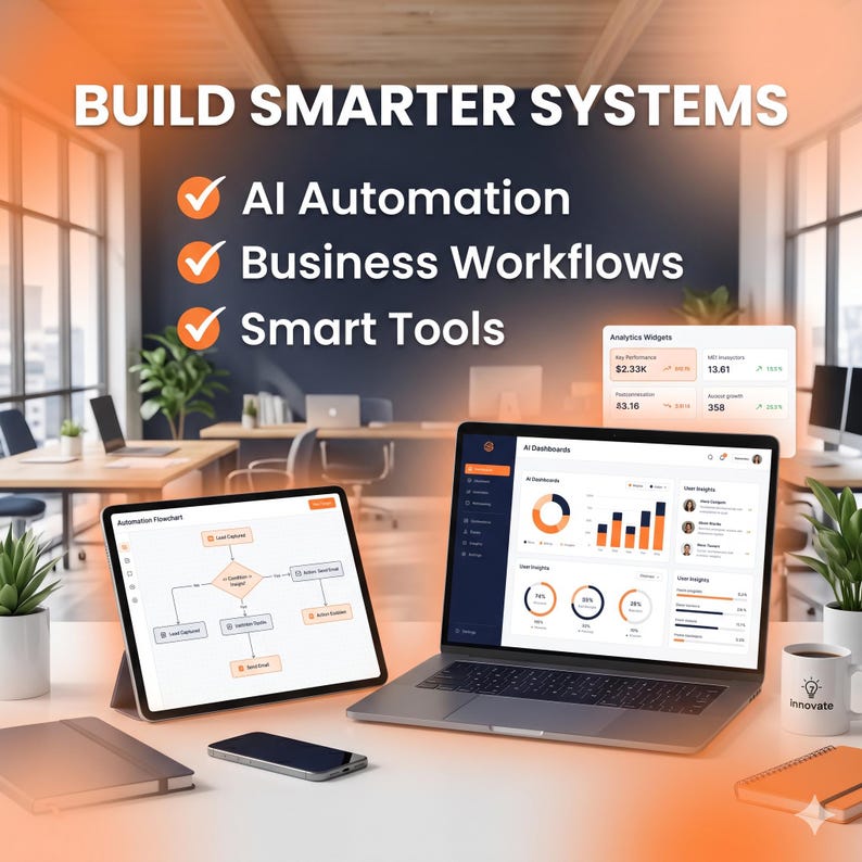 Op de afbeelding: Een laptop en tablet met datadashboards en stroomdiagrammen, met de tekst BUILD SMARTER SYSTEMS, AI Automation, Business Workflows en Smart Tools. Een smartphone, notitieboek en mok staan op het bureau.