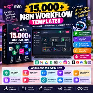 May include: A digital product display for 15,000+ n8n workflow templates featuring a black box, a laptop screen showing workflow diagrams, a small robot character, and a list of icons for various software integrations and automation categories.