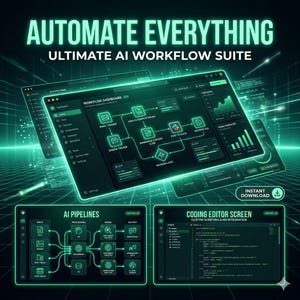 Op de afbeelding: Een digitale interface met de tekst AUTOMATE EVERYTHING ULTIMATE AI WORKFLOW SUITE. Het scherm toont een workflow-dashboard met stroomdiagrammen, datagrafieken, een AI-pijplijndiagram en een code-editor met Python-code.