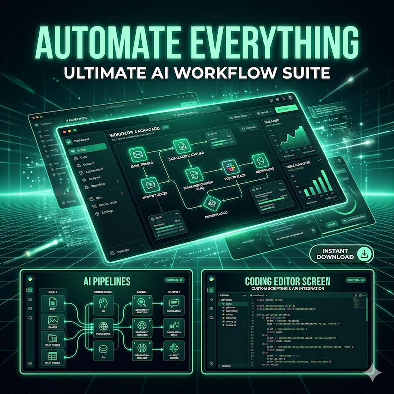 Op de afbeelding: Een digitale interface met de tekst AUTOMATE EVERYTHING ULTIMATE AI WORKFLOW SUITE. Het scherm toont een workflow-dashboard met stroomdiagrammen, datagrafieken, een AI-pijplijndiagram en een code-editor met Python-code.