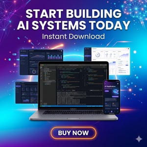 Op de afbeelding: Een digitale afbeelding met een laptop en smartphone die code en datadashboards tonen. De tekst luidt START BUILDING AI SYSTEMS TODAY, Instant Download en BUY NOW. De achtergrond is een levendig blauw en paars verloop met lichteffecten.
