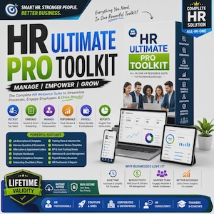 Może przedstawiać: Cyfrowa grafika promocyjna HR Ultimate Pro Toolkit przedstawiająca laptopa, tablet i smartfon z wyświetlonymi pulpitami nawigacyjnymi danych. Tekst zawiera HR Ultimate Pro Toolkit, Manage, Empower, Grow oraz listę funkcji, takich jak opisy stanowisk.