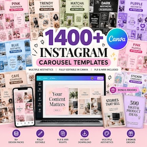 May include: A digital collection of 1400+ Instagram carousel templates for Canva, featuring various aesthetic themes like pink, matcha, dark, and purple. The set includes a laptop and smartphone displaying design layouts, plus bonus ebooks.