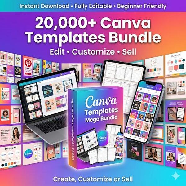 20,000+ Canva Templates Bundle with PLR MRR | Editable Social Media, Planners, Business & Branding Templates | Instant Download