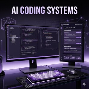 Op de afbeelding: Een computerwerkstation met twee monitoren die code en een AI-assistent-dashboard tonen met de tekst AI CODING SYSTEMS. Een mechanisch toetsenbord met paarse en witte toetsen ligt op een bureaumat met een print van printplaten.