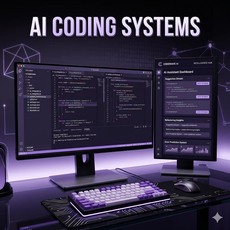 Op de afbeelding: Een computerwerkstation met twee monitoren die code en een AI-assistent-dashboard tonen met de tekst AI CODING SYSTEMS. Een mechanisch toetsenbord met paarse en witte toetsen ligt op een bureaumat met een print van printplaten.