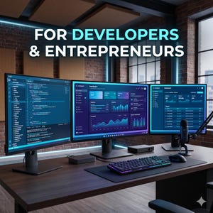 Op de afbeelding: Een werkplek met drie computermonitoren die code en datadashboards weergeven, een mechanisch toetsenbord, een muis en een microfoon. De tekst FOR DEVELOPERS & ENTREPRENEURS staat bovenaan de afbeelding boven de monitoren.