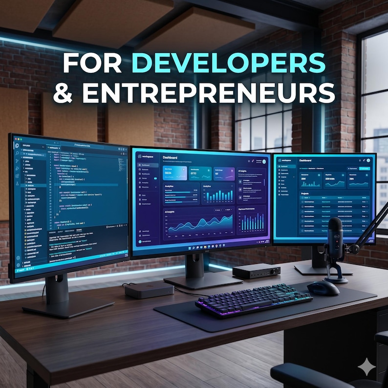 Op de afbeelding: Een werkplek met drie computermonitoren die code en datadashboards weergeven, een mechanisch toetsenbord, een muis en een microfoon. De tekst FOR DEVELOPERS & ENTREPRENEURS staat bovenaan de afbeelding boven de monitoren.