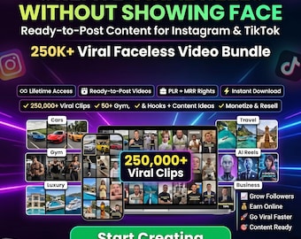 250K+ Viral Faceless Video Bundle – TikTok & Instagram Reels Content Creator Mega Library | PLR MRR Resell Rights