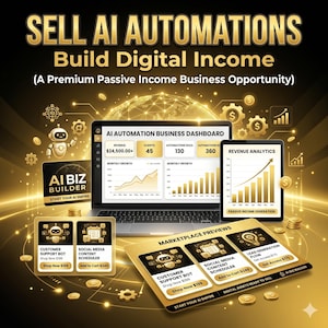 Op de afbeelding: Een digitale afbeelding met de tekst SELL AI AUTOMATIONS Build Digital Income. Het toont een laptop en tablet met een AI-automatiseringsdashboard, omzetanalyses, gouden munten, tandwielpictogrammen en kaarten voor marktplaatsvoorbeelden.