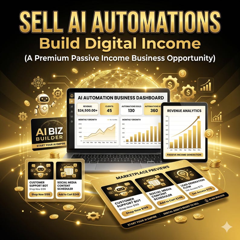 Op de afbeelding: Een digitale afbeelding met de tekst SELL AI AUTOMATIONS Build Digital Income. Het toont een laptop en tablet met een AI-automatiseringsdashboard, omzetanalyses, gouden munten, tandwielpictogrammen en kaarten voor marktplaatsvoorbeelden.