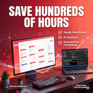 Op de afbeelding: Een computermonitor en laptop tonen workflow-dashboards en code op een bureau met toetsenbord en muis. Tekst: SAVE HUNDREDS OF HOURS, Ready Workflows, AI Systems, Automation Templates, INSTANT DOWNLOAD, Tech Creator Ultra HD quality.