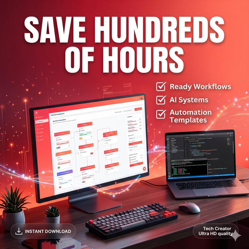 Op de afbeelding: Een computermonitor en laptop tonen workflow-dashboards en code op een bureau met toetsenbord en muis. Tekst: SAVE HUNDREDS OF HOURS, Ready Workflows, AI Systems, Automation Templates, INSTANT DOWNLOAD, Tech Creator Ultra HD quality.