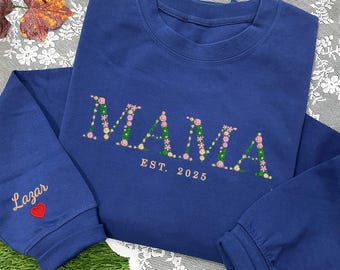 Embroidered Floral Mama Sweatshirt, Custom Mama Crewneck, Personalized Christmas Mom Gift, Birthday Gift For Mom, Mothers Day Gift