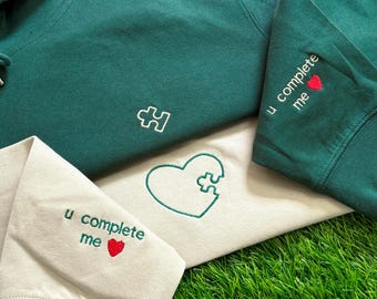 Custom Heart and Puzzle Piece Embroidered Hoodie, Initials with Heart On Sleeve, Anniversary Gift |  Couple Hoodies, Valentines Day Gift