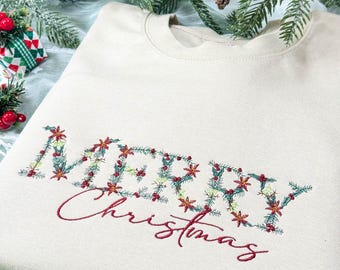 FLORAL Merry Christmas Sweatshirt/Hoodie Embroidered, Girls Christmas Sweatshirt, Vintage Christmas Sweatshirt, Merry Christmas Gifts