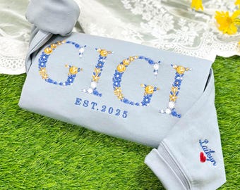 Embroidered Floral Gigi Sweatshirt with Kids Name on Sleeve, Custom Mama, Nana, Grandma, Auntie Sweatshirt, Mothers Day Gift for Mom