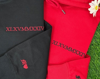 Embroidered Roman Numeral Hoodie with Initial on Sleeve, Custom Couple Matching Hoodies, Anniversary Gifts for Him,Personalized Gift for Her