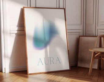Pode incluir: Uma impressão emoldurada com um design abstrato azul e roxo e a palavra "AURA" em texto branco.