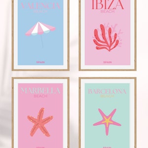 Vibraciones de viaje de la generación Z: carteles de la costa española Impresiones de playa groovy (rosa, azul, verde) Impresiones digitales retro Marbella Ibiza Valencia Barcelona Arte