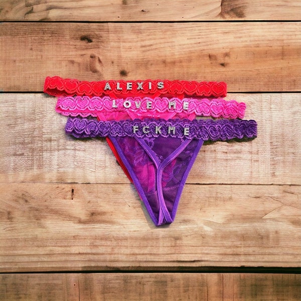 Aangepaste naam Lace Thong gepersonaliseerde Diamond Crystal Triangle ondergoed naam Zodiac Intimates