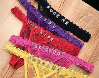 Custom Name Lace Thong Personalized Diamond Crystal Triangle Underwear Name Zodiac Intimates