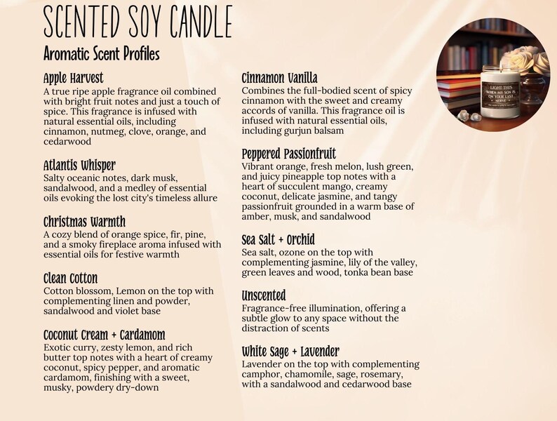 Puede incluir: Una lista de perfiles de fragancia de velas de soja perfumadas con descripciones de cada fragancia. Las fragancias incluyen Apple Harvest, Atlantis Whisper, Christmas Warmth, Clean Cotton, Coconut Cream + Cardamom, Cinnamon Vanilla, Peppered Passionfruit, Sea Salt + Orchid, Unscented y White Sage + Lavender.