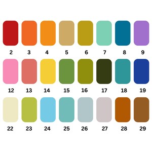 Puede incluir: Una paleta de colores con 30 muestras rectangulares en varios tonos. Los colores van desde rojos y naranjas intensos hasta verdes, azules y morados. Cada muestra est&aacute; numerada para facilitar la referencia.