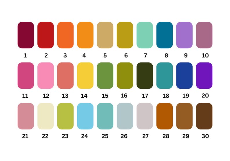 Puede incluir: Una paleta de colores con 30 muestras rectangulares en varios tonos. Los colores van desde rojos y naranjas intensos hasta verdes, azules y morados. Cada muestra est&aacute; numerada para facilitar la referencia.