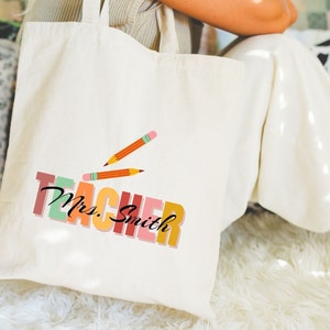 Pu&ograve; includere: Una borsa di tela bianca con il testo "TEACHER Mrs. Smith" in lettere colorate. Due matite sono disegnate sulla borsa.