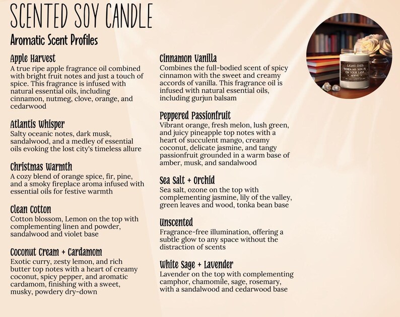 K&ouml;nnte beinhalten: Eine Liste von Duftnoten f&uuml;r duftende Sojawachskerzen mit Beschreibungen der einzelnen D&uuml;fte. Die D&uuml;fte umfassen Apple Harvest, Atlantis Whisper, Christmas Warmth, Clean Cotton, Coconut Cream + Cardamom, Cinnamon Vanilla, Peppered Passionfruit, Sea Salt + Orchid, Unscented und White Sage + Lavender.